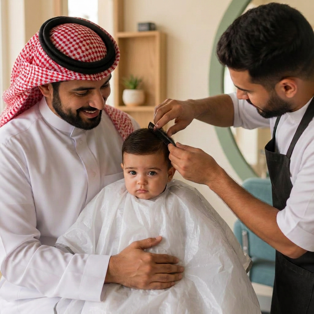 طفل صغير يحتضنه والده أثناء الحلاقة