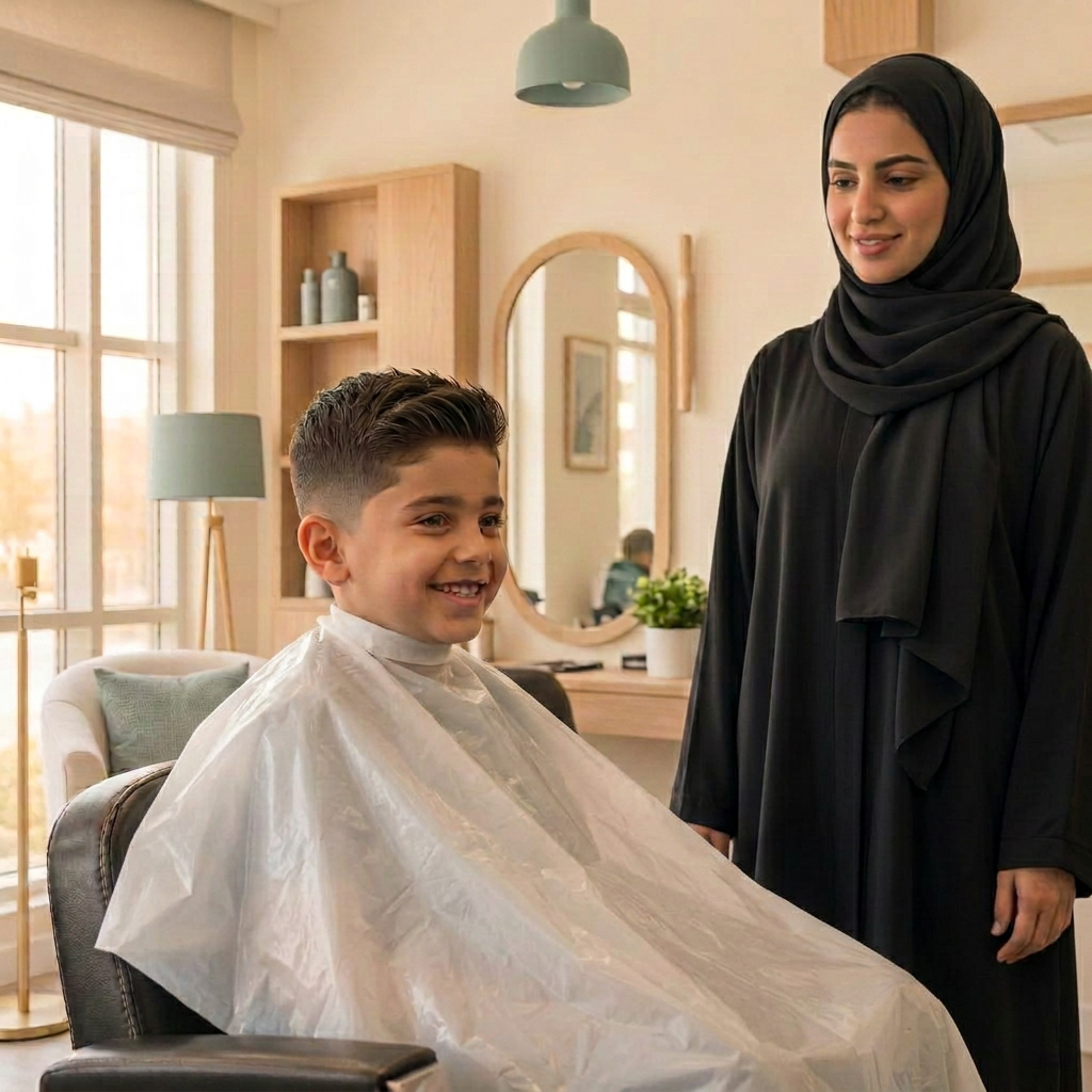 طفل مبسوط وهو يتحلق في صالون مزين